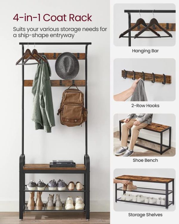 Coat Rack, Hall Tree with Shoe Bench for Entryway, Entryway Bench with Coat Rack, 4-in-1, with 9 Removable Hooks, a Hanging Rod,